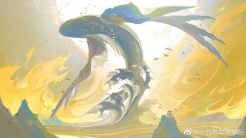 Rule 34 | absurdres, animal, animalization, bird, chinese commentary, clarence clayden, clarence clayden (myths wonders), commentary request, creature, creature focus, fins, fire, highres, lovebrush chronicles, mountain, no humans, ocean, official art, oversized animal, sky, sun, tower, tuotuo, watermark, waves, weibo watermark, whale, yellow fire, yellow sky