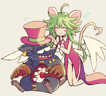 Rule 34 | 1boy, 1girl, :d, ^ ^, angel wings, animal ears, blush stickers, closed eyes, coattails, collared dress, commentary request, dress, ear tag, fangs, gloves, green hair, half-closed eyes, hat, heart, heart tail, hole in chest, hole on body, kneeling, leotard, light blush, long sidelocks, low wings, mad rat, mad rat dead, mouse boy, mouse ears, mouse girl, mouse tail, musical note, necktie, open mouth, orange gloves, pink dress, pink hat, rat god, shiwo (siwosi), sidelocks, sitting, sleeveless, sleeveless dress, smile, stitches, sweatdrop, tail, top hat, white background, white leotard, white necktie, white wrist cuffs, wings, wrist cuffs