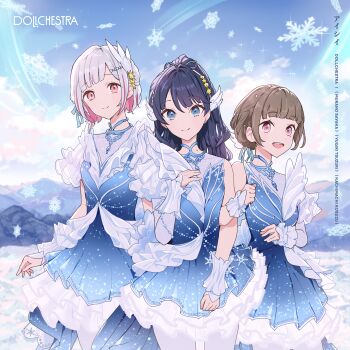 3girls :d absurdres album_cover artist_request blue_dress blue_eyes blue_hair blue_ribbon bow_hairband brown_hair character_name closed_mouth colored_inner_hair cover cowboy_shot dollchestra dress frilled_dress frills group_name hair_ornament hair_ribbon hairband half_updo highres icy_(love_live!) kachimachi_kosuzu love_live!_hasu_no_sora_jogakuin_school_idol_club long_hair long_sleeves looking_at_viewer love_live! mole mole_on_neck multicolored_hair multiple_girls murano_sayaka official_art open_mouth outdoors pantyhose pink_eyes pink_hair pink_streaks red_ribbon ribbon second-party_source short_hair single_sleeve sleeveless sleeveless_dress smile snowflakes song_name star_(symbol) star_hair_ornament star_hairband streaked_hair teeth upper_teeth_only virtual_youtuber white_hair white_hairband white_pantyhose yugiri_tsuzuri