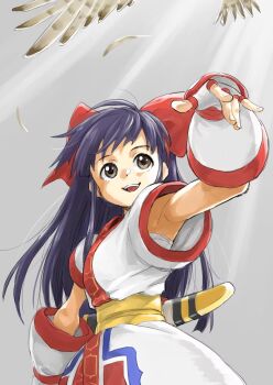 1girl ainu_clothes arm_up armpits breasts brown_eyes feathers fingerless_gloves gloves hair_ribbon highres long_hair mamahaha medium_breasts nakoruru open_mouth purple_hair ribbon samurai_spirits sarashi smile snk solo source_request teeth the_king_of_fighters tongue weapon