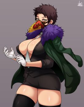 1girl adjusting_clothes adjusting_gloves black_shirt black_skirt boku_no_hero_academia breasts brown_hair buttons overhaul_(boku_no_hero_academia) cleavage dress feather_trim genderswap genderswap_(mtf) gloves green_jacket highres jacket jmg large_breasts looking_at_viewer mask microdress minidress necktie open_clothes open_shirt plague_doctor_mask shirt short_hair skirt serious thighhighs thighs unbuttoned white_gloves white_neckwear yellow_eyes