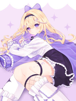 1girl absurdres black_corset black_shorts boots buttons closed_mouth coat corset creature fingernails gold_buttons hair_between_eyes hazuki_rui_(vtuber) heterochromia highres hololive long_sleeves looking_at_viewer lying open_clothes open_coat puffy_long_sleeves puffy_sleeves purple_coat purple_nails shirt shorts smile solo thighs virtual_youtuber white_boots white_shirt y_w_uuu