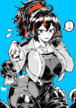 ... 1girl absurdres black_gloves black_hair blue_background blush breasts checkered_necktie collared_shirt commentary_request controller earpiece embarrassed gloves greyscale greyscale_with_colored_background hair_between_eyes hand_on_own_face highres holding holding_remote_control holster jacket large_breasts looking_ahead monochrome multicolored_hair necktie open_clothes open_jacket open_mouth orange_eyes orange_hair pants partial_commentary remote_control shirt sidelocks simple_background sitting solo spoken_ellipsis streaked_hair sweatdrop thigh_holster wariza yotsumi_shiro zenless_zone_zero zhu_yuan