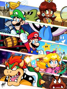 2girls 5boys aircraft airplane artist_name bowser crown donkey_kong_(1981_game) donkey_kong_(series) dress earrings flashlight flower_earrings gloves goob_(luigi&#039;s_mansion) goomba green_eyes hat highres hiyoihoi horns jewelry king_boo looking_at_another looking_at_viewer luigi luigi&#039;s_mansion luigi&#039;s_mansion_3 mario mario_(series) mario_day mario_tennis multiple_boys multiple_girls new_super_mario_bros. new_super_mario_bros._u nintendo open_mouth pink_dress poltergust_g-00 princess_daisy princess_peach princess_peach:_showtime! racket red_hair scared sky_pop spiked_shell stone-eye sunglasses super_mario_land super_star_(mario) tennis_racket