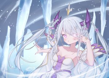 Rule 34 | 1girl, bare shoulders, blue bow, bow, braid, commentary request, cyclepedia (duel masters), detached sleeves, dragon girl, dragon horns, dress, duel masters, eyes visible through hair, fingernails, gold trim, hair bow, hair on horn, hair ornament, hair over one eye, hairclip, highres, horns, long fingernails, multicolored dress, off-shoulder dress, off shoulder, pink bow, pink eyes, purple dress, purple horns, purple nails, solo, twin braids, upper body, v, v over eye, we usagi, white dress