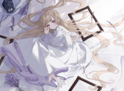 Rule 34 | 1girl, absurdly long hair, barefoot, blonde hair, bouquet, commentary, dress, empty picture frame, feet, flower, highres, kyuumura, lantern, layered dress, light blush, lilac, long hair, long sleeves, looking at viewer, lying, on side, original, petticoat, picture frame, puffy long sleeves, puffy sleeves, purple eyes, solo, symbol-only commentary, toes, very long hair, white dress