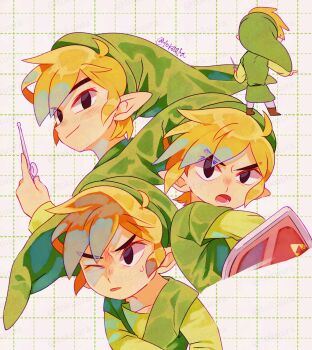 1boy antenna_hair black_eyes blonde_hair closed_mouth conductor_baton green_hat green_shirt green_tunic grid_background hat highres holding holding_baton holding_shield layered_sleeves link long_hair long_sleeves looking_to_the_side lower_teeth_only male_focus nintendo one_eye_closed open_mouth pantyhose parted_bangs pointy_ears shield shirt short_over_long_sleeves short_sleeves smile standing sweatdrop teeth the_legend_of_zelda the_legend_of_zelda:_the_wind_waker tokuura toon_link tunic twitter_username white_pantyhose