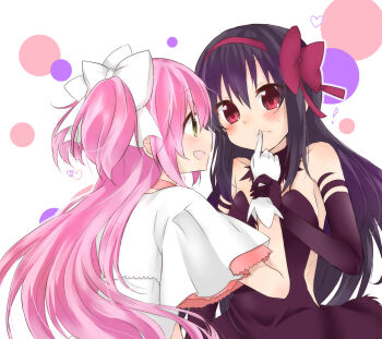 2girls akemi_homura akuma_homura bare_shoulders black_gloves black_hair bow choker dotted_background dress elbow_gloves finger_to_another&#039;s_mouth gloves hair_bow hair_ribbon hairband heart heart_print highres holding_another&#039;s_wrist kaname_madoka long_hair looking_at_another loving_aura magical_girl mahou_shoujo_madoka_magica mahou_shoujo_madoka_magica:_hangyaku_no_monogatari multiple_girls nakoffu open_mouth pink_hair red_eyes ribbon smile three-toned_background two_side_up ultimate_madoka upper_body white_dress white_gloves yellow_eyes