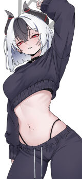 1girl absurdres black_choker black_hair black_horns blue_archive breasts choker commentary_request cowboy_shot crop_top demon_horns earrings grey_halo guwall hair_between_eyes halo highleg highleg_panties highres horns jewelry kayoko_(blue_archive) long_sleeves midriff mole multicolored_hair navel panties pants red_eyes short_hair simple_background solo track_pants two-tone_hair underwear white_background white_hair