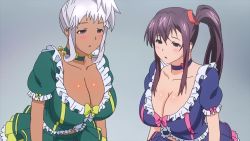 2girls akaza_chacha amaya_haruko animated anime_screenshot audible_speech blush bouncing_breasts bra breasts brown_legwear choker cleavage dark-skinned_female dark_skin english_audio hallucination highres huge_breasts large_breasts lingerie long_hair maken-ki! maken-ki!_two mind_control multiple_girls open_bra panties panties_under_pantyhose pantyhose ponytail purple_hair silver_hair sound strap_pull takami_akio thick_thighs thighs underwear undressing undressing_another video