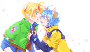 Rule 34 | 19670615t, 2boys, animal ears, blonde hair, blue eyes, blue hair, blush, cat ears, claude c. kenny, headband, highres, jacket, male focus, multiple boys, open mouth, short hair, star ocean, star ocean: blue sphere, star ocean: the second story, white background