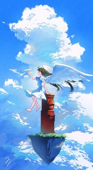 1girl angel angel_wings arm_at_side arm_support barefoot black_eyes blue_sky brown_hair cloud cloudy_sky commentary_request cumulonimbus_cloud dress floating_hair floating_island from_side grass hand_up highres holding holding_paper_airplane ito_yoshi japanese_cylindrical_postbox long_hair no_mouth original paper_airplane postbox_(outgoing_mail) scenery short_sleeves sitting sitting_on_object sky solo very_long_hair waving_legs white_dress white_wings wide_shot wings