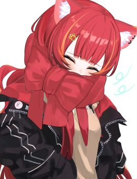 Rule 34 | 1girl, animal ear fluff, animal ears, black jacket, bow, brown cardigan, cardigan, cat ears, cat girl, center-flap bangs, closed eyes, commentary request, covered mouth, double-parted bangs, ear ornament, enpera, hair ornament, hands in pockets, highres, jacket, kyu kyoo, long hair, multicolored hair, neckerchief, nekota tsuna, nekota tsuna (4th costume), object in pocket, open clothes, open jacket, orange hair, paw hair ornament, pen, pen in pocket, pocket, red bow, red hair, red jacket, red neckerchief, scarf, scarf bow, scarf over mouth, school uniform, simple background, solo, streaked hair, two-sided fabric, two-sided jacket, two-tone hair, upper body, virtual youtuber, vspo!, white background