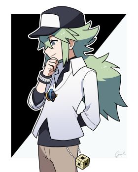 Rule 34 | 1boy, absurdres, black hat, bright pupils, brown pants, closed mouth, collared shirt, commentary request, garloo, green hair, grey eyes, hand up, hat, highres, long hair, looking down, male focus, n (pokemon), nintendo, pants, pokemon, pokemon bw, shirt, signature, smile, solo, undershirt, white pupils, white shirt, wristband