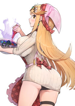 Rule 34 | 1girl, absurdres, alternate costume, apron, ass, black panties, blonde hair, blush, bottle, bow, bowl, breasts, commentary request, dress, earrings, gonzarez, headpiece, headscarf, highres, holding, holding bottle, holding bowl, jewelry, large breasts, long hair, long sleeves, mythra (xenoblade), panties, pantyshot, parted lips, pink headscarf, pouring, red apron, red bow, simple background, solo, sweater, sweater dress, swept bangs, thigh strap, tiara, underwear, very long hair, white sweater, xenoblade chronicles (series), xenoblade chronicles 2, yellow eyes