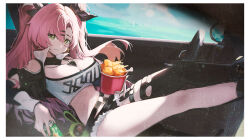 Rule 34 | 1girl, absurdres, blue sky, breasts, bucket of chicken, can, car, chicken leg, cleavage, closed mouth, cloud, drink can, dtd xy, eyelashes, feet on dashboard, film grain, floating hair, hair between eyes, hair ornament, hairclip, highres, holding, holding can, jewelry, large breasts, legs, long hair, looking at viewer, midriff, motor vehicle, navel, necklace, nicole demara, pink hair, reclining, short shorts, shorts, side-view mirror, single thighhigh, sitting, sky, soda can, solo, steering wheel, tank top, thighhighs, twintails, yellow eyes, zenless zone zero