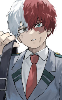 Rule 34 | 1boy, bag, blue eyes, boku no hero academia, bruise, bruise on face, burn scar, collared shirt, commentary request, fengling (furin-jp), grey eyes, grey jacket, hair between eyes, heterochromia, highres, injury, jacket, looking at viewer, male focus, multicolored hair, necktie, parted lips, red hair, red necktie, scar, scar on face, school bag, school uniform, shirt, short hair, simple background, split-color hair, todoroki shoto, two-tone hair, u.a. school uniform, upper body, white background, white hair, white shirt