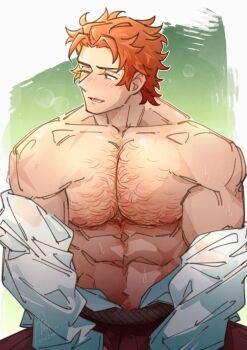1boy abs absurdres alternate_muscle_size bara belt black_belt blush breath broad_shoulders collarbone commentary english_commentary fire_emblem fire_emblem:_three_houses highres large_pectorals looking_to_the_side male_focus navel nintendo nipples one_eye_closed orange_hair pants pectorals red_pants satodee shirt shirt_partially_removed sitting solo sylvain_jose_gautier sylvain_jose_gautier_(timeskip) white_shirt