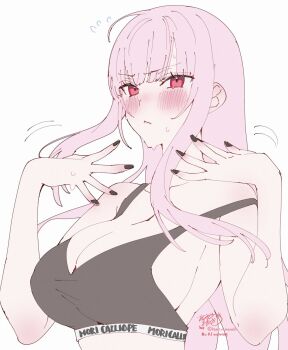 1girl :&lt; artist_name bare_shoulders black_nails black_sports_bra blush breasts cleavage closed_mouth collarbone commentary fingernails flying_sweatdrops highres hololive hololive_english kamiya_maneki large_breasts long_hair mori_calliope nail_polish pink_eyes pink_hair pink_lips signature simple_background solo sports_bra strap_slip sweat twitter_username virtual_youtuber white_background