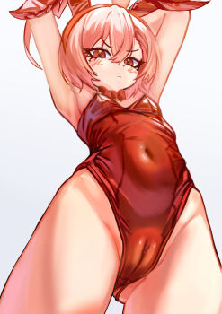 1girl absurdres animal_ears armpits arms_behind_head blue_archive blush breasts cameltoe cleft_of_venus closed_mouth commentary covered_navel crotch dot_nose double-parted_bangs fake_animal_ears from_below gluteal_fold hair_between_eyes highleg highleg_leotard highres hip_bones huge_filesize leotard loli looking_at_viewer neru_(blue_archive) neru_(bunny)_(blue_archive) orange_hair playboy_bunny pussy rabbit_ears red_eyes red_leotard ruta short_hair simple_background small_breasts solo strapless strapless_leotard thighs white_background
