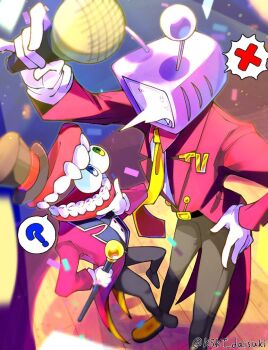 2boys ? anger_vein ant_tenna belt belt_buckle black_belt black_hat black_pants black_shoes blue_eyes buckle caine_(the_amazing_digital_circus) cane confetti crt deltarune fang gloves green_eyes hand_on_own_hip hat heterochromia holding holding_cane holding_microphone kskt_daisuki long_nose male_focus microphone multiple_boys necktie object_head pants pointy_nose radio_antenna shoes spoken_question_mark spotlight stage standing tailcoat the_amazing_digital_circus twitter_username utdr_(toby_fox) white_gloves yellow_necktie yellow_shoes
