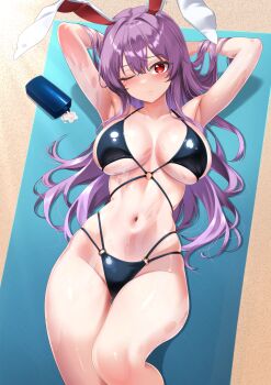 1girl absurdres animal_ears armpits arms_behind_head bikini black_bikini blush breasts closed_mouth highres large_breasts leo23 long_hair looking_at_viewer lotion lotion_bottle lying navel on_back one_eye_closed purple_hair rabbit_ears rabbit_girl reisen_udongein_inaba solo stomach swimsuit thighs touhou