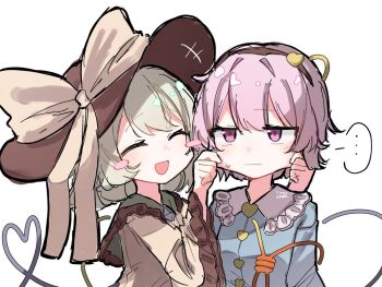 ... 2girls :d blue_shirt blush cheek_pull closed_eyes commentary expressionless frills green_hair hairband hat komeiji_koishi komeiji_satori long_sleeves medium_hair multiple_girls open_mouth pink_eyes pink_hair shirt short_hair siblings smile touhou tumadeshi upper_body white_background yellow_shirt