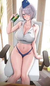 1girl absurdres bare_shoulders blue_eyes blue_headwear blue_panties blush breasts brid_(nikke) chair collared_shirt colored_inner_hair doenji_(auto7233) eyes_visible_through_hair garrison_cap goddess_of_victory:_nikke green_hair grey_hair hair_over_one_eye hat highres holding large_breasts long_hair looking_at_viewer low-tied_long_hair multicolored_hair navel office_chair panties shirt sideless_shirt sitting sleeveless solo string_panties striped_clothes striped_shirt swivel_chair thighs underwear white_shirt