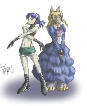 4girls aiko_(magipoka) aiko_(magipoka)_(cosplay) android animal_ear_fluff animal_ears aqua_shorts bare_shoulders blonde_hair blue_dress blue_eyes blue_hair brown_eyes brown_gloves cosplay costume_switch dark-skinned_female dark_skin dress facial_mark fingerless_gloves gloves hairband joints juliet_sleeves legs_apart liru liru_(cosplay) long_hair long_sleeves multiple_girls navel oso_(toolate) pachira ponytail puffy_sleeves renkin_san-kyuu_magical_pokaan robot_joints screw short_hair short_ponytail shorts simple_background smile speech_bubble standing translation_request v_arms whisker_markings white_background white_hairband wolf_ears wolf_girl yuuma_(magipoka)