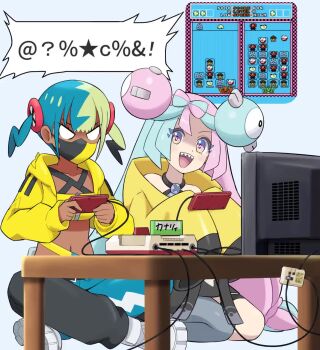 2girls animated aqua_hair black_mask blonde_hair blue_hair bow-shaped_hair breasts bulbasaur cable canari_(pokemon) character_hair_ornament charmander company_connection controller covered_mouth crossed_legs crt dark-skinned_female dark_skin egg eggshell electrode_(pokemon) empty_eyes famicom famicom_gamepad game_cartridge game_console game_controller gen_1_pokemon gen_3_pokemon gen_6_pokemon hair_ornament highres holding holding_controller holding_game_controller indoors inkay iono_(pokemon) jacket long_hair long_sleeves magnemite mask midriff mouth_mask multicolored_hair multiple_girls navel nintendo open_mouth pants pantyhose pink_hair playing_games pokemoa pokemon pokemon_(creature) pokemon_egg pokemon_legends:_z-a pokemon_sv revision seedot sharp_teeth shirt shoes short_twintails simple_background single_leg_pantyhose sitting sleeves_past_fingers sleeves_past_wrists smile split-color_hair table teeth television twintails two-tone_hair two-tone_mask v-shaped_eyebrows very_long_hair video video_game vileplume white_background white_shoes yellow_jacket yellow_mask yoshi_(game)