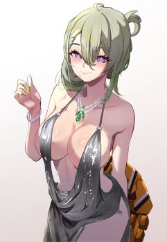 1girl absurdres bracelet breasts cleavage closed_mouth commentary_request cosplay cross-shaped_pupils de_lacey_(neural_cloud) girls&#039;_frontline girls&#039;_frontline_neural_cloud green_hair green_nails hand_up highres jewelry large-billed_crow long_hair looking_at_viewer lotan mechanical_tail mole mole_under_eye necklace purple_eyes red_pupils silver_necklace simple_background solo st._louis_(azur_lane) st._louis_(azur_lane)_(cosplay) st._louis_(luxurious_wheels)_(azur_lane) symbol-shaped_pupils tail white_background