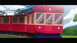 1girl akemi_ito animated bag bouncing_breasts branch breasts echoes_of_the_town highres jiggle note pixel_art plant purple_hair red_eyes short_hair sound sound_effects sound_effects_only train tree tree_shade video