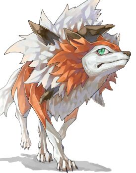 claws closed_mouth commentary full_body gen_7_pokemon green_eyes hashtag-only_commentary highres looking_to_the_side lycanroc lycanroc_(dusk) neck_ruff nintendo no_humans orange_fur pokemon pokemon_(creature) pokemon_focus sake_maguro shadow sideways_glance slit_pupils white_background white_fur