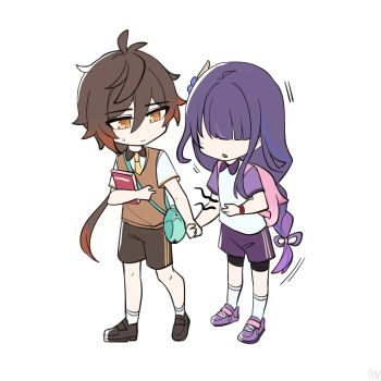1boy 1girl absurdres aged_down alternate_costume alternate_universe antenna_hair bird book bracelet braid brown_hair c520gpss chinese_commentary closed_mouth collared_shirt contemporary crying crying_with_eyes_open friends full_body genshin_impact gradient_hair hair_ornament hair_over_eyes highres holding holding_book hungry jewelry leaning_forward long_braid long_hair looking_to_the_side low_ponytail mixed-language_commentary mole mole_under_eye multicolored_eyes multicolored_hair necktie no_mole open_book open_mouth orange_eyes ponytail purple_eyes purple_hair raiden_shogun school_uniform shirt short_sleeves shorts simple_background single_braid standing stomach_growling streaked_hair sweatdrop tearing_up tears trembling vest white_background zhongli_(genshin_impact)