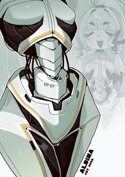 1girl :d absurdres albina_(project_moon) breasts character_name closed_eyes colored_skin commentary cowboy_shot double_v english_commentary head_out_of_frame highres limbus_company metal_skin multiple_views ny_000a open_mouth ponytail project_moon projected_inset robot_girl small_breasts smile twitter_username v white_hair white_skin wide_hips