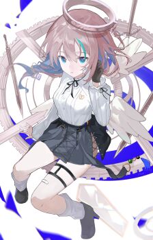 Rule 34 | 1girl, absurdres, angel wings, arcaea, ass cutout, bandage on face, bandages, bandaid, bandaid on face, belt, black belt, black boots, black gloves, black ribbon, black skirt, blue eyes, blue hair, boots, breasts, chinese commentary, clothing cutout, commentary, compassion (arcaea), cross, detached wings, gloves, gold halo, grey hair, high heels, highres, long sleeves, loose socks, medium breasts, multicolored hair, otarc, ribbon, shirt, short hair, skirt, socks, solo, streaked hair, thigh strap, white shirt, white socks, white wings, wings