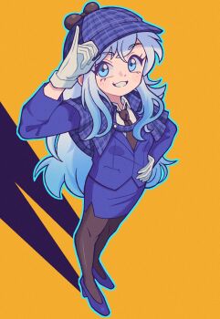 1girl adjusting_clothes adjusting_headwear blazer blue_capelet blue_eyes blue_hair blue_hat blue_jacket blue_outline blue_shoes blue_skirt bluecoat_agency brown_necktie brown_pantyhose capelet castussan commentary crossed_bangs deerstalker english_commentary from_above gloves gradient_hair grin hand_on_own_hip hat high_heels highres jacket liana_oswald long_hair long_sleeves looking_at_viewer multicolored_hair necktie open_mouth orange_background outline pantyhose pencil_skirt pinky_out plaid_capelet plaid_clothes plaid_hat shadow shirt shoes simple_background skirt smile solo swept_bangs white_gloves white_hair white_shirt