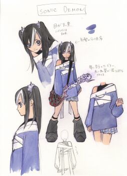 1girl black_eyes black_hair black_leg_warmers black_shirt bright_pupils character_request commentary_request concept_art demon_girl english_text full_body graphite_(medium) guitar highres instrument leg_warmers marvel mixed-language_text multicolored_hair official_art painting_(medium) peach_momoko plaid_clothes plaid_skirt profile purple_sweater reference_sheet shirt skirt sleeveless sleeveless_shirt solo sweater traditional_media translation_request twintails watercolor_(medium) white_hair white_pupils white_trim x-men