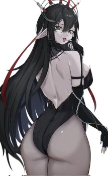 1girl ass back black_gloves black_hair black_leotard black_nails breasts colored_skin commentary elbow_gloves english_commentary fingerless_gloves gloves goth_fashion green_eyes grey_skin highres hip_focus indie_virtual_youtuber layna_lazar leotard licking licking_finger long_hair looking_back p_protocoll pointy_ears sideboob syringe syringe_hair_ornament thick_thighs thighs tongue virtual_youtuber white_background wide_hips