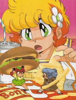 1980s_(style) 3girls arms_up bendy_straw blonde_hair blue_hair burger carrying_overhead chibi cup daitokuji_biko disposable_cup drink drinking_straw employee_uniform fast_food fast_food_uniform fighting flower food french_fries green_eyes hair_flower hair_ornament hat holding holding_burger holding_food kotobuki_shiiko legs_apart long_hair magami_eiko mini_person minigirl multiple_girls non-web_source official_art oldschool open_mouth project_a-ko red_eyes red_hair retro_artstyle scan short_hair skirt