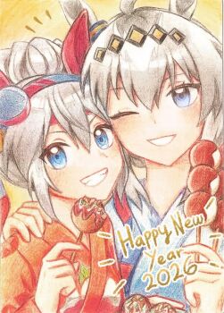 2026 2girls ahoge alternate_costume alternate_hairstyle animal_ears blue_eyes blue_hairband blue_kimono blush commentary dango ear_covers ear_ornament english_commentary flashy_(fla) food grey_hair grin hair_between_eyes hair_bun hairband happy_new_year headband holding horse_ears horse_girl japanese_clothes kimono long_hair looking_at_viewer multicolored_hair multicolored_hairband multiple_girls new_year oguri_cap_(umamusume) one_eye_closed open_mouth orange_kimono red_headband smile striped_clothes striped_hairband takoyaki tamamo_cross_(umamusume) teeth two-tone_hairband umamusume umamusume:_cinderella_gray wagashi