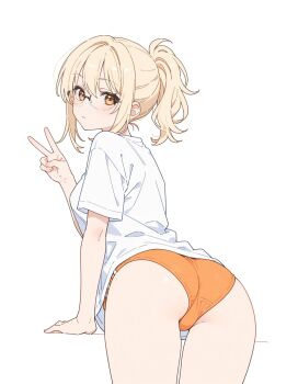 1girl ass ass_focus blonde_hair bloomers glasses highres looking_at_viewer ponytail shirt solo t-shirt underwear v white_shirt