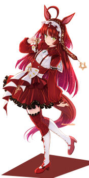 1girl absurdres ahoge animal_ears blunt_bangs boots closed_mouth flower full_body hair_between_eyes hair_ornament highres horse_ears horse_girl izumi_mahiru jewelry long_hair looking_at_viewer necklace red_desire_(umamusume) red_hair smile solo standing standing_on_one_leg star_(symbol) star_hair_ornament thighhighs twitter_username umamusume white_background yellow_eyes