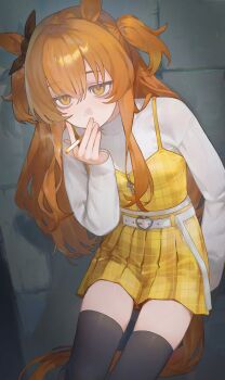 absurdres animal_ears black_ribbon black_thighhighs bow cigarette ear_ribbon hashtag-only_commentary heart_belt_buckle highres holding holding_cigarette horse_ears horse_girl horse_tail leaning long_hair long_sleeves mayano_top_gun_(casual)_(umamusume) mayano_top_gun_(umamusume) orange_eyes orange_hair plaid_clothes plaid_skirt ribbon skirt smoking sweater tail thighhighs turtleneck turtleneck_sweater two_side_up umamusume white_sweater yasumigohan yellow_skirt