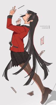 1girl absurdres ace_(playing_card) ace_of_hearts between_fingers black_eyes black_hair black_skirt blazer blunt_ends bright_pupils brown_pantyhose brown_shoes buttons card cigarette collared_jacket collared_shirt copyright_name dutch_angle floating_card from_side full_body grey_background heart highres hime_cut holding holding_cigarette hyakkaou_academy_school_uniform jabami_yumeko jacket kakegurui lapels lipstick long_hair long_sleeves makeup miniskirt nail_polish ouge_dz pantyhose playing_card pleated_skirt pointy_nose red_jacket red_lips red_nails red_pupils school_uniform see-through_pantyhose shadow shirt shoes simple_background skirt solo straight_hair unmoving_pattern uwabaki very_long_hair white_shirt