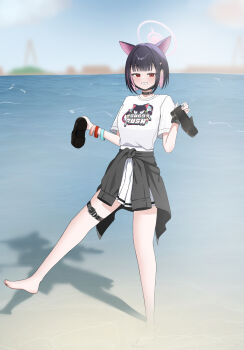 1girl animal_ears barefoot black_choker black_hair black_jacket blue_archive blurry blurry_background bomjija cat_ears choker clothes_around_waist colored_inner_hair commentary_request extra_ears halo highres holding holding_shoes holding_unworn_clothes jacket jacket_around_waist jewelry kazusa_(band)_(blue_archive) kazusa_(blue_archive) looking_at_viewer multicolored_hair ocean outdoors pink_hair pleated_skirt print_shirt red_eyes ring shadow shirt shoes short_hair short_sleeves skirt smile solo standing standing_on_one_leg thigh_strap thighs unworn_shoes water white_shirt white_skirt wristband