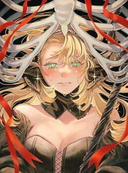 1girl alt_text bare_shoulders black_background black_dress black_hood black_sleeves blonde_hair bone breasts cleavage closed_mouth cross-laced_clothes cross-laced_dress crying crying_with_eyes_open detached_hood detached_sleeves dress dungeon_meshi fur-trimmed_sleeves fur_trim green_eyes hair_between_eyes highres long_hair marcille_donato marcille_donato_(lord) red_ribbon ribbon sasakura34 sleeveless sleeveless_dress solo spoilers staff star-shaped_pupils star_(symbol) strapless strapless_dress symbol-shaped_pupils tears upper_body