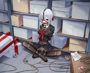 absurdres arms_behind_back ball_gag bdsm bicycle_lock black_pantyhose black_serafuku bondage bound breast_bondage gag gag_harness gagged grey_hair groin highres indoors kumachi_(aikawaakeya) lock long_hair medium_hair neckerchief object_insertion original panties panties_under_pantyhose pantyhose pleated_skirt red_eyes red_neckerchief red_ribbon ribbon sailor_collar school_uniform serafuku sex_toy shibari shibari_over_clothes skindentation skirt underwear vaginal vaginal_object_insertion very_long_hair vibrator white_panties