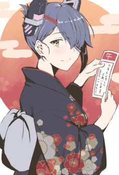1girl alternate_costume alternate_hairstyle black_kimono commentary_request eyepatch floral_print from_behind gradient_background grey_hair headgear holding japanese_clothes kantai_collection kimono looking_at_viewer omikuji orange_background short_hair smile solo taira_yuuki tenryuu_(kancolle) yellow_eyes