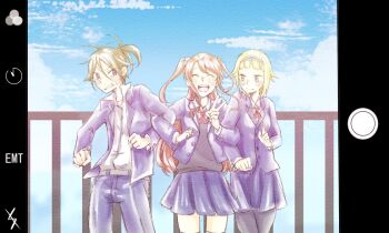 1boy 1girl 2girls blonde_hair blue_sky blush brown_hair camera_phone carol_(re:zero) cellphone_photo closed_eyes green_eyes group_picture hairband holding long_hair multiple_girls nranta phone ponytail pov re:zero_kara_hajimeru_isekai_seikatsu red_hair school_uniform selfie short_hair skirt sky smile theresia_van_astrea v wilhelm_(re:zero)